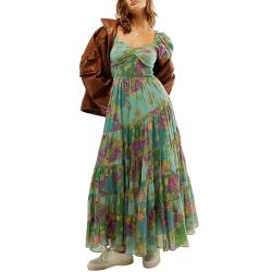 Yoisdtxc Damen Blumendruck Langes Kleid Kurze Puffärmel Herzausschnitt Tunika Taille A-Linie Kleid, A-grün, Medium von Yoisdtxc