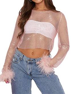 Yoisdtxc Damen Cutout Mesh Shirt Erwachsene Einfarbig Funkelnde Strass Rundhals Lange Ärmel Durchscheinendes Mesh Top Clubwear, C-pink, Small von Yoisdtxc