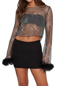 Yoisdtxc Damen Cutout Mesh Shirt Erwachsene Einfarbig Funkelnde Strass Rundhals Lange Ärmel Durchscheinendes Mesh Top Clubwear, C-schwarz, Small von Yoisdtxc