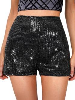 Yoisdtxc Damen Hohe Taille Glitzer Pailletten Shorts Mid Rise Glitter Hot Pants Stretch Straight Leg Party Shorts, A-schwarz, S von Yoisdtxc