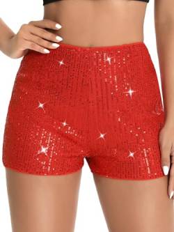 Yoisdtxc Damen Hohe Taille Glitzer Pailletten Shorts Mid Rise Glitter Hot Pants Stretch Straight Leg Party Shorts, rot (a), L von Yoisdtxc