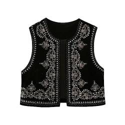 Yoisdtxc Damen Weste Ärmellos Cardigan Blumen Bestickte Weste Retro Ethno Style Weste Mantel Kurz Cardigan Sommer Weste, B-schwarz, 36 von Yoisdtxc