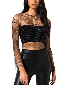 Yoisdtxc Frauen Ausschnitt Mesh Shirt Erwachsene Einfarbig Funkelnde Strass Rundhals Lange Ärmel Sheer Mesh Top Clubwear, A-schwarz, Small von Yoisdtxc