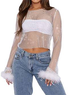 Yoisdtxc Frauen Ausschnitt Mesh Shirt Erwachsene Einfarbig Funkelnde Strass Rundhals Lange Ärmel Sheer Mesh Top Clubwear, C-weiß, Small von Yoisdtxc