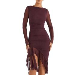 Yoisdtxc Frauen Midi Bodycon Kleid Einfarbig Rüschen Langarm Kleid Frühling Rückenfrei Party Cocktailkleid, A-Schokolade, L von Yoisdtxc