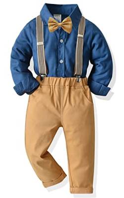 Baby Jungen Anzug Bekleidungssets Kleid Strampler hosenträger Fliege Krawatte 4tlg Anzug Gentleman Festliche Taufe Hochzeit Langarm Baby Kleikind 6 Monate 6 Jahre (Blau_khaki, 5 Jahre) von Yokald