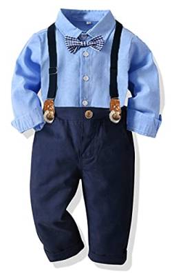 Baby Jungen Anzug Bekleidungssets Kleid Strampler hosenträger Fliege Krawatte 4tlg Anzug Gentleman Festliche Taufe Hochzeit Langarm Baby Kleikind 6 Monate 6 Jahre (Blue005, 12-18 Monate) von Yokald