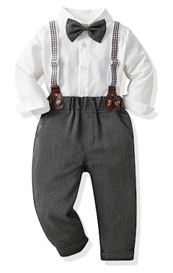 Baby Jungen Anzug Bekleidungssets Kleid Strampler hosenträger Fliege Krawatte 4tlg Anzug Gentleman Festliche Taufe Hochzeit Langarm Baby Kleikind 6 Monate 6 Jahre (W-Gary,12-18 Monate) von Yokald