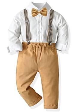 Baby Jungen Anzug Bekleidungssets Kleid Strampler hosenträger Fliege Krawatte 4tlg Anzug Gentleman Festliche Taufe Hochzeit Langarm Baby Kleikind 6 Monate 6 Jahre (Weiß_khaki,3 Jahre) von Yokald