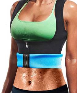 Damen Sauna Effekt Anzug Taille Trainer Weste Zipper Neopren Korsett Fitness Shapewear Kompression Top Körperformer für Workout Shirt (Blau, XL) von Yokald
