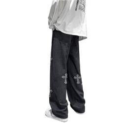 Yokbeer Baggy Jeans Herren Y2k mit Kreuze Print Hip Hop Baggy Cargo Jeans Pants Breite Hose Jeanshose Hosen Freizeithose für Jungen Skateboard Hose (Color : Schwarz, Size : M) von Yokbeer