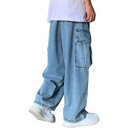 Yokbeer Baggy Jeans für Herren, Hosen Cargo Jeans Herren, Y2K Gewaschene Oversize Straight Leg Cargohose, Harajuku Straight Leg Jeans für Schule, Reisen, Urlaub, Straße (Color : Blue, Size : XL) von Yokbeer