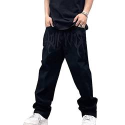 Yokbeer Baggy Jeans für Herren Y2k Stilvolle Lässige Hip Hop Stickerei Druck Denim Hosen Taschen Gerade Hose mit Weitem Bein (Color : Schwarz, Size : L) von Yokbeer
