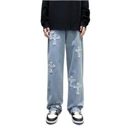 Yokbeer Cargo Hose Y2K Jeans Baggy Kreuze Stickerei Hip Hop Gewaschen Jeanshose Harajuku Denim Loose Hose mit Weitem Bein Jogginghose Freizeithose Streetwear (Color : Blue, Size : S) von Yokbeer