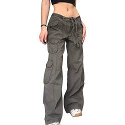 Yokbeer Cargohose Damen Low Waist Cargo Jeans Gerade Breites Bein Baggy Denim Hosen Y2k Aesthetic Vintage Jeanshosen 90er Streetwear (Color : Gray, Size : M) von Yokbeer