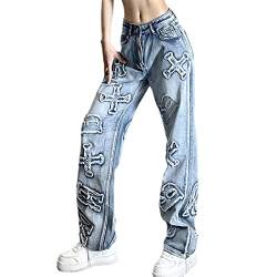 Yokbeer Damen Baggy Jeans Y2K Style Vintage Hose Taille Gerade Hosen Lange Denim Jeans Hose Casual Lose Damenhose Freizeithose Boyfriend Jeans (Color : Blue, Size : L) von Yokbeer