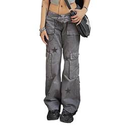 Yokbeer Damen Baggy Jeans mit Mehrere Taschen Low Waist Hose Modisch Straight Leg Hosen Lockere Jeanshosen Frauen Niedrige Taille Denim Lose Fit Gerade Jeans (Color : Gray, Size : L) von Yokbeer