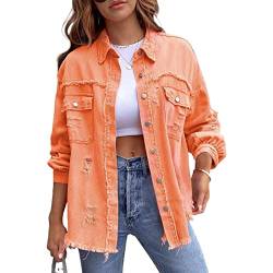 Yokbeer Damen Jeansjacke Trendige Zerrissene Übergroße Jeansjacke für Damen Lässige Lange Boyfriend Jeansjacke im Distressed Stil Mantel Mantel Übergangs Ripped Denim Jacken (Color : Orange, Size : von Yokbeer