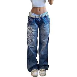 Yokbeer Damen Low Waist Cargo Jeans Gerade Breites Bein Baggy Denim Hosen Y2k Indie Aesthetic Vintage Jeanshosen 90er Streetwear (Color : Blue, Size : L) von Yokbeer