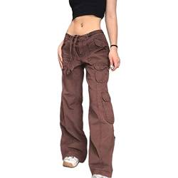 Yokbeer Damen Low Waist Cargo Jeans Gerade Breites Bein Baggy Denim Hosen Y2k Indie Aesthetic Vintage Jeanshosen 90er Streetwear (Color : Brown, Size : S) von Yokbeer