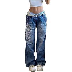 Yokbeer Damen Low Waist Wide Leg Jeans Vintage Print Baggy Hose Y2k Distressed Straight Denim Pants Slim Flare Jean E Girl Streetwear (Color : Blue, Size : L) von Yokbeer