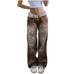 Yokbeer Damen Low Waist Wide Leg Jeans Vintage Print Baggy Hose Y2k Distressed Straight Denim Pants Slim Flare Jean E Girl Streetwear (Color : Brown, Size : M) von Yokbeer