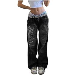 Yokbeer Damen Low Waist Wide Leg Jeans Y2k Print Distressed Straight Jeanshose Baggy Vintage Denim Hose E Girl Flare Pants Streetwear Freizeithose Schlagjeans (Color : Black, Size : S) von Yokbeer