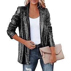 Yokbeer Damen Pailletten Blazer Pailletten Schimmer Jacke Lässig Langarm Glitzer Party Glänzend Mantel Rave Oberbekleidung Mantel Damen mit Stehkragen (Color : Schwarz, Size : XS) von Yokbeer