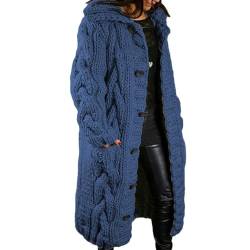 Yokbeer Grobstrickjacke Damen Longstrickjacke Dicker Strick Winter Cardigan für Frauen Langarm Cardigan Frauen mit Knöpfen Warm Strickmantel ÜBergangsjacke (Color : Blue 1, Size : XL) von Yokbeer