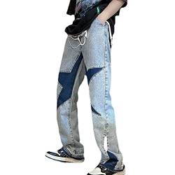 Yokbeer Herren Sterne Stickerei Casual Baggy Jeans Vintage Hip Hop 90er Dance Skateboard Denim Hose mit Weitem Bein Straight Leg Vintage Color Streetwear (Color : Blue, Size : S) von Yokbeer