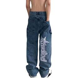 Yokbeer Jeans Herren Baggy Fit Jeans Straight Jeanshose Fashion Print Streetwear Loose Denim Pants Hose mit Weitem Bein Lässig Männer Straight Leg (Color : Blue, Size : S) von Yokbeer