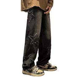 Yokbeer Jeans Herren Baggy Hip Hop Jeanshose Casual Straight Leg Denim Hosen Vintage Weitem Bein Sterndruck Pants Streetwear (Color : Schwarz, Size : S) von Yokbeer