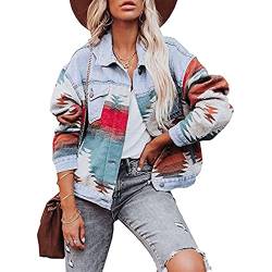 Yokbeer Jeansjacke Damen Casual Aztec Print Splice Button Down Langarm Mantel Outwear Tasche Warme Jeansjacke Warme Steppjacke (Color : 1, Size : S) von Yokbeer