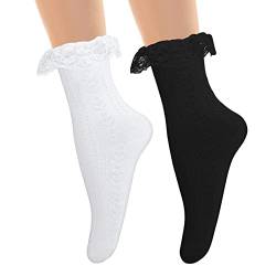 2 Paar Damen Rüschen Socken Schwarz Weiß Spitzensocken Kurze Rüschen Söckchen Mode Baumwollsocken Prinzessin Socken Damen Mädchen Uniform Lolita Kostüm Zubehör von Yolev