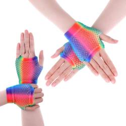 2 Paar Netzhandschuhe Regenbogenfarben Damen Fingerlose Handschuhe Lang Kurz Netzhandschuhe 80er-Jahre Retro Party Disco Maskerade Kostüm Zubehör von Yolev