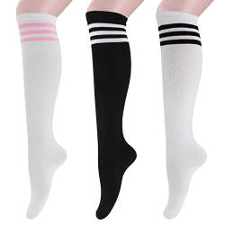 3 Paar Kniestrümpfe Damen Gestreifte Strümpfe Fußballsocken Weiche Baumwolle Sportsocken Unisex Überkniestrümpfe für Laufen Fußball Cheerleading Sport von Yolev