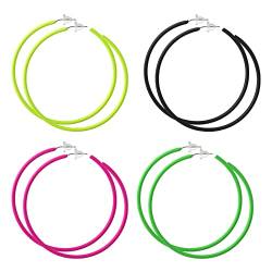 4 Paar Neon Ohrringe Creolen Damen Vintage Große Helle Creolen Leichte 80er Klassische Große Statement Ohrringe für 80er 90er Jahre Outfit Damen Party Vintage Kostümparty Weihnachtsohrringe von Yolev