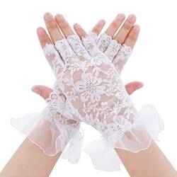 Damen Fingerlose Handschuhe Weiße Spitzen Handschuhe Kurze Blumen Net Handschuhe mit Spitzen Braut Handschuhe für Hochzeit Oper Abendessen Teeparty von Yolev