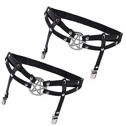 Leder Bein Strumpfband 2 Stück Schwarz Gothic Strumpfhalter Doppellagig Verstellbar Oberschenkel Strumpfband mit Rutschfesten Clips Damen Halloween Rave Karneval Cosplay Party Zubehör von Yolev