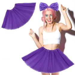 Tütü Damen Bogen Stirnband Lila Schleife Groß Vintage 80er Tutu Ballett Rock Klassischer Stretch 4 Lagiger Ballett Tanz Tüllrock Lila Damen für Tanz Karneval Party Kostüme Halloween Weihnachten von Yolev