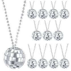 Yolev 12 Stück Disco Kugel Halskette 70er Jahre Silber Disco Ball Necklaces Party Halsketten Dekoratives Bekleidungszubehör Halloween Ohrringe aus Den 80er 90er Halskette von Yolev