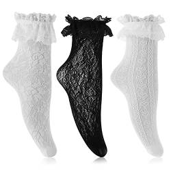 Yolev 3 Paar Rüschen Socken Damen Spitzen Socken Kurze Söckchen Prinzessinnen Socken Süße Gothic Stretch Baumwoll Socken Mode Spitzen Knöchelstrumpfband mit Rüschen von Yolev