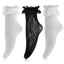 Yolev 3 Stück Rüschen Socken mit Rüschen Damen Spitze Rüschen Komfortsocken Prinzessinnen Socken Mode Spitzen Knöchelstrumpfband mit Rüschen von Yolev