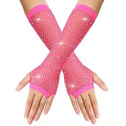 Yolev Netzhandschuhe Rose Lange Fischnetz Fingerlose Handschuhe Netzhandschuhe für Damen mit Strass Fishnet Glänzende Modische Opernhandschuhe für 80er Jahre Kostümparty Halloween Cosplay Zubehör von Yolev