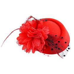 Yolev Vintage Fascinators Hut 20er 50er Blume Federkleid Kopfschmuck Fascinator Hochzeit Rot Hüte Teeparty Cocktail Schleier Pillendose Stirnband Schleier Hut Damen Mädchen Halloween von Yolev