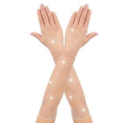 Yolev Weiße Lange Netzhandschuhe für Damen Long Fishnet Gloves mit Funkelnden Weiße Strass Mode Opernhandschuhen für 80er Kostümpartys Halloween Cosplay Zubehör von Yolev