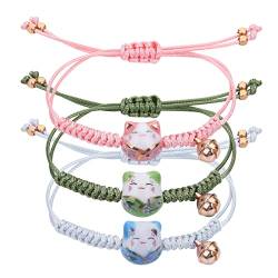 Yolev3 Stück Glückskatze Armband Katze Maneki Neko Armband Süße Lucky Cat Keramikperlenarmband Fortune String Keramikperlen Geflochtenes Armband Glücksbringerarmband mit Berstellbarer Glocke von Yolev