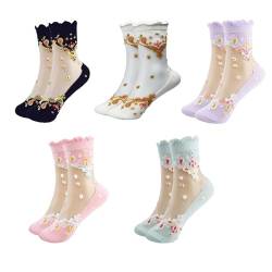 Yolhloy 5 Paar Transparente Socken für Damen, Stickerei Netzsocken Nylon Socken, Frauen Durchsichtige Spitzen Söckchen, Ultradünne Crystal Blumensocken von Yolhloy