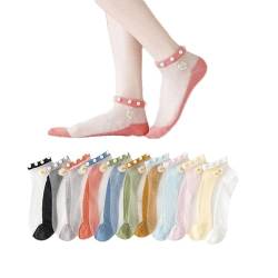 Yolhloy 6 Paar Glas Mesh-Socken Damen Durchsichtige Socken Dünne Feinsöckchen Netzsocken Sommer Spitze Muster Kurze Socken für Frauen und Mädchen von Yolhloy
