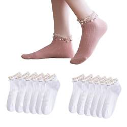 Yolhloy 6 Paar Sneaker Socken Damen Baumwolle 35-38 Kurze Socken Sportsocken mit Rüschen Spitze und Perle Kleid Knöchel Socken für Frauen Mädchen von Yolhloy